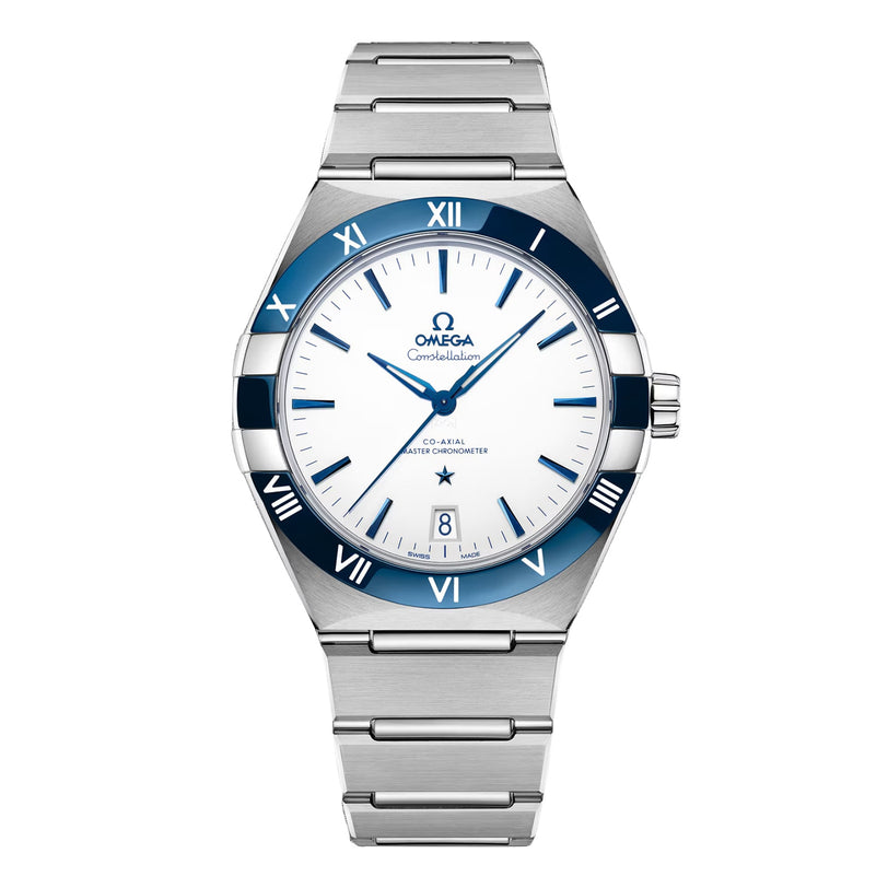 An OMEGA Constellation watch featuring stainless steel, a white dial, blue bezel, Roman numerals, and a silver bracelet.