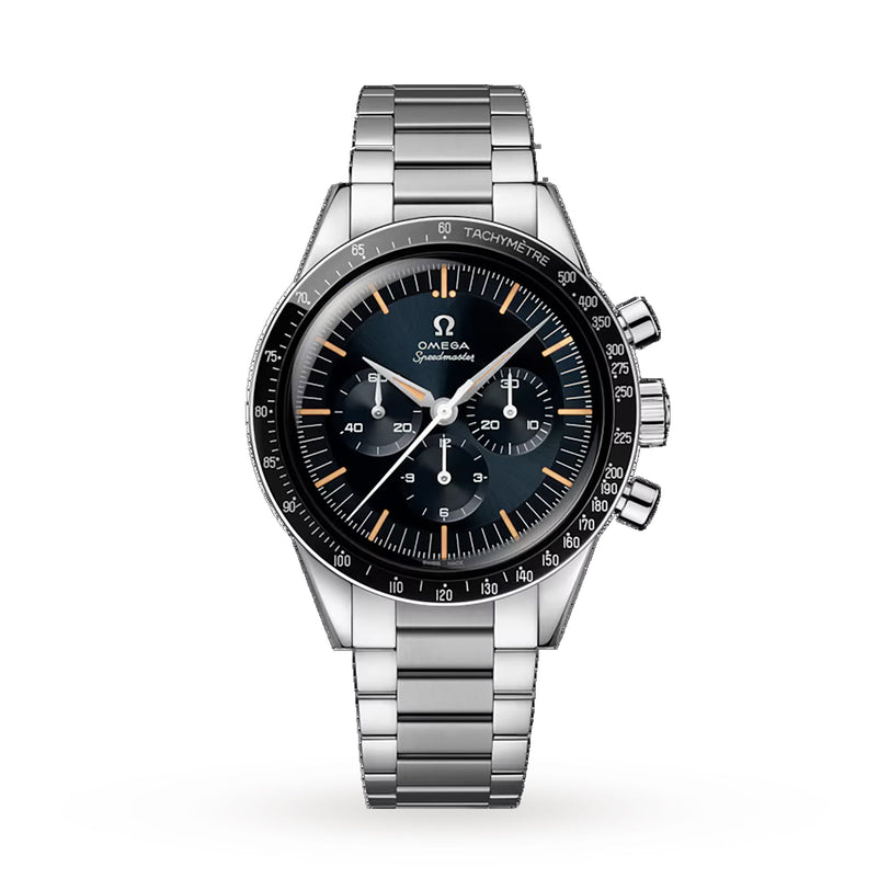 The OMEGA Speedmaster First OMEGA in Space is a stainless steel wristwatch with a black chronograph dial, three subdials, and a tachymeter bezel, shown on a white background.