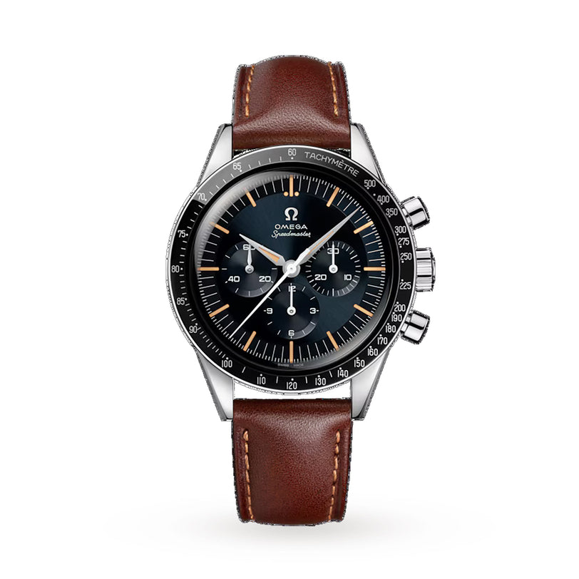 A stainless steel OMEGA Speedmaster Anniversary Series watch with a black dial, three subdials, tachymeter bezel, and brown leather strap is shown on a white background.