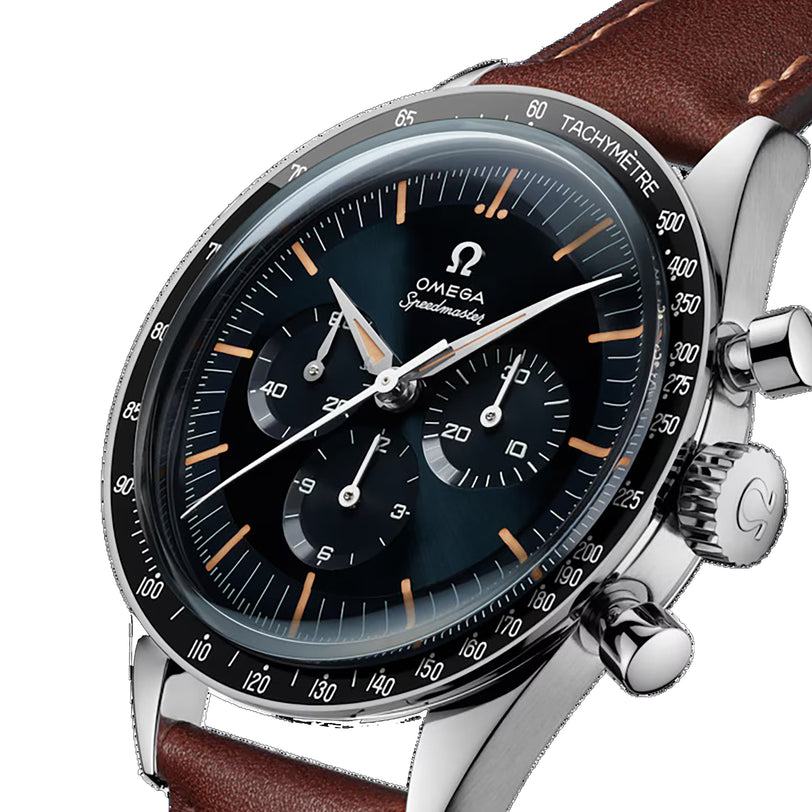 An OMEGA Speedmaster Anniversary Series wristwatch in stainless steel, featuring a black dial with three subdials, a tachymeter bezel, and a brown leather strap.
