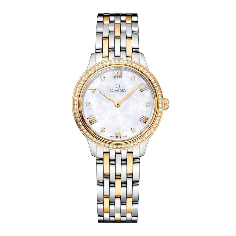 The OMEGA De Ville Prestige features a two-tone gold and silver bracelet, diamond hour markers, a mother-of-pearl dial, and a diamond-set gold bezel.