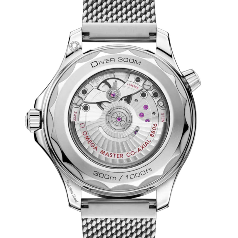 Back view of the OMEGA Seamaster Diver 300M showing its transparent case back, visible Master Chronometer movement, engraved details, and metal mesh strap.