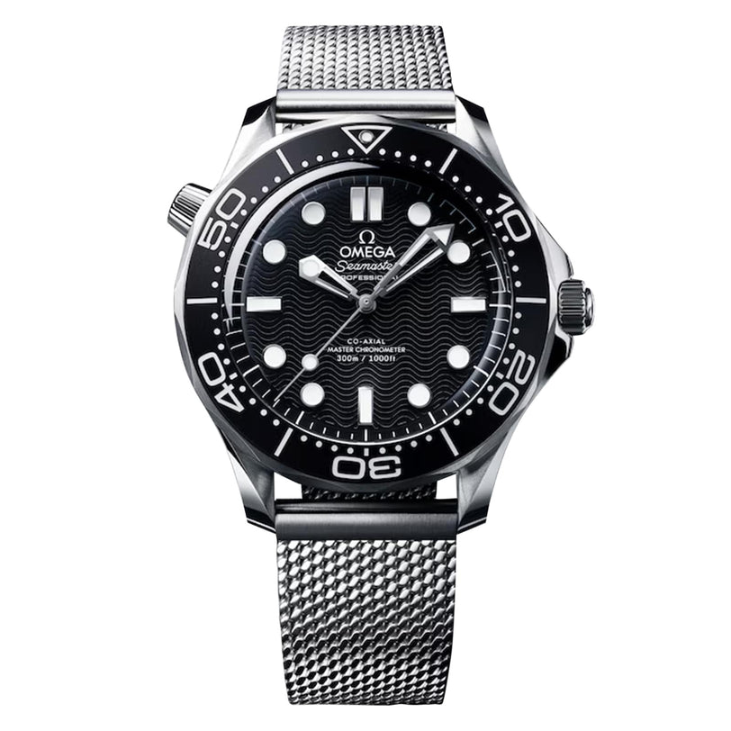 An OMEGA Seamaster Diver 300M wristwatch with a black dial, Super-LumiNova markers, rotating bezel, and mesh bracelet is shown facing forward.