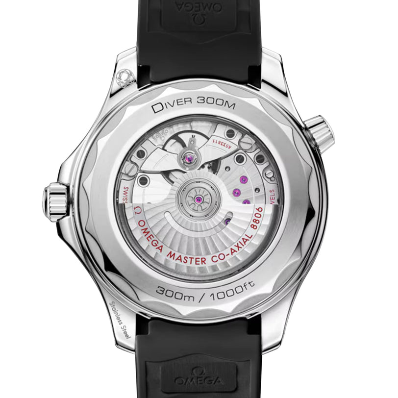 Close-up of the OMEGA Seamaster Diver 300M’s stainless steel back, featuring a transparent case back that reveals the Master Chronometer movement and detailed engravings.