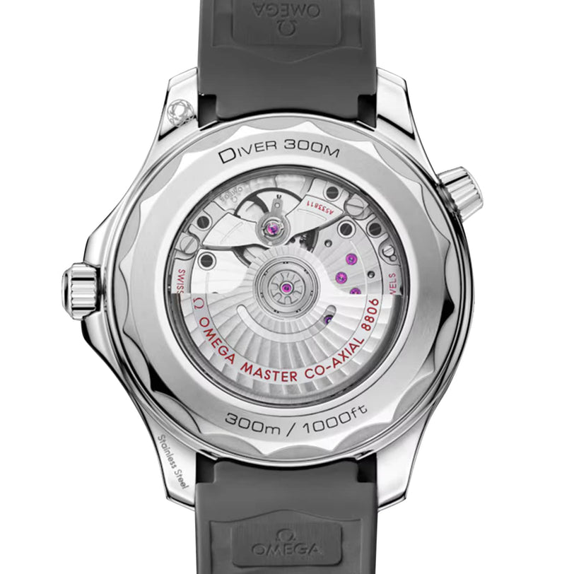 Back view of the OMEGA Seamaster Diver 300M, featuring its exposed mechanical movement marked with Co-Axial Master Chronometer 8800, black strap, and water resistance rating of 300m/1000ft.