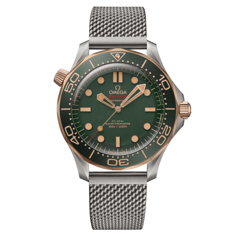 The OMEGA Seamaster Diver 300M features a green dial, mesh metal strap, 9K Bronze Gold accents, bold hour markers, and an OMEGA Co-Axial Master Chronometer movement displaying the time 10:09:36.