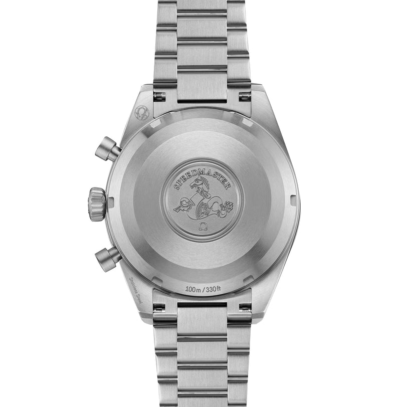 The image shows the stainless steel case back of an OMEGA Speedmaster Pilot, engraved with the Speedmaster logo, a seahorse emblem, and marked 100m / 330ft—a legendary watch linked to aviation history.