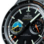 Close-up of an OMEGA Speedmaster Pilot stainless steel watch face featuring multiple chronograph subdials, a date window, and tachymeter markings—an iconic timepiece from OMEGA.