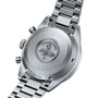 Close-up of the back of an OMEGA Speedmaster Pilot stainless steel watch, featuring the engraved logo, commemorative text marking its Moon landing legacy, and a detailed metal bracelet.