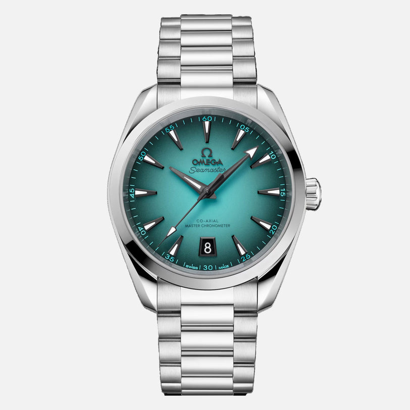 The OMEGA Seamaster Aqua Terra 150M in stainless steel features a teal dial, silver hour markers, date at 6 o’clock, metal link bracelet, and Co-Axial Master Chronometer Calibre 8800, displayed on a plain background.
