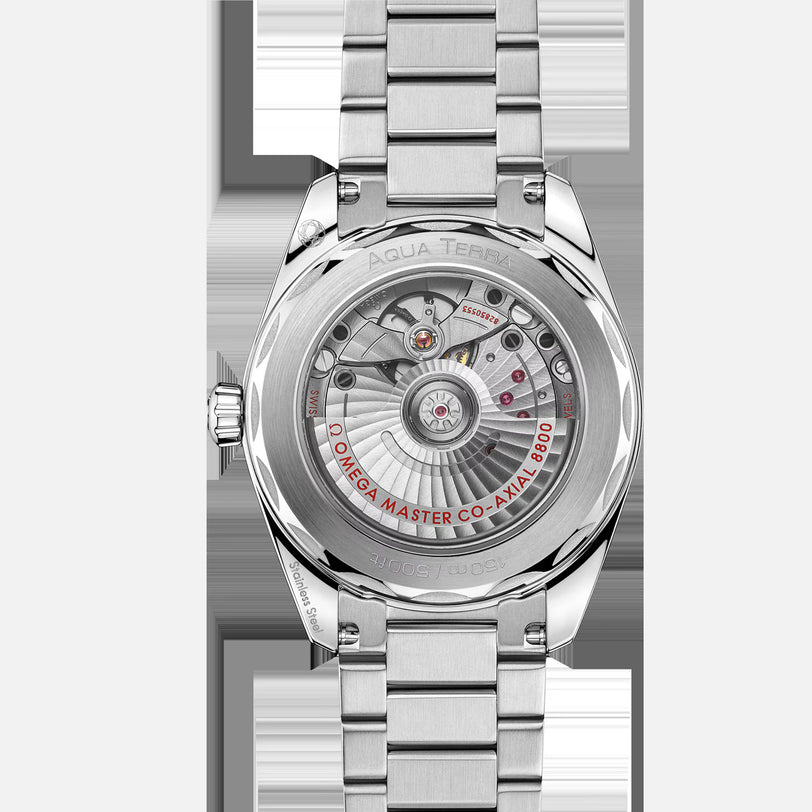 Close-up of the transparent case back of the OMEGA Seamaster Aqua Terra 150M, revealing its intricate mechanical movement and Co-Axial Master Chronometer Calibre 8800.