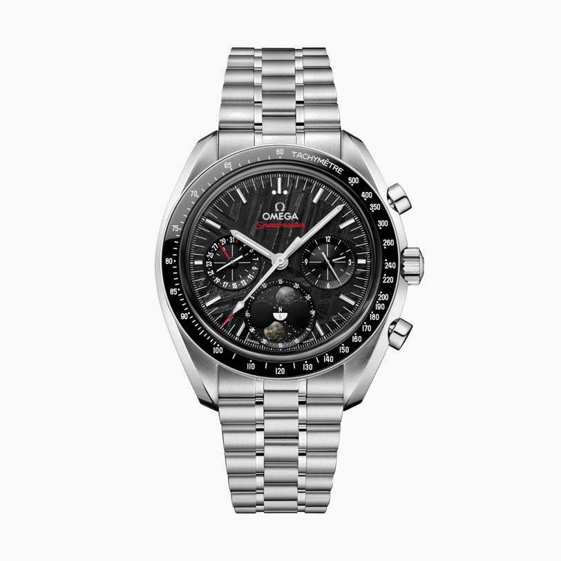 The OMEGA Speedmaster Moonphase, a stainless steel wristwatch with a black dial, chronograph sub-dials, tachymeter bezel, and metal bracelet, is shown on a white background—an iconic timepiece.