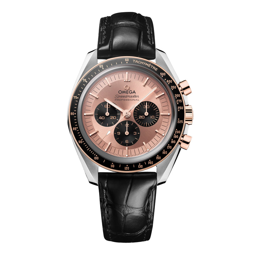 The OMEGA Speedmaster Moonwatch is a luxury wristwatch with a black leather strap, rose gold and silver case, and a brown dial featuring three subdials and tachymeter markings.
