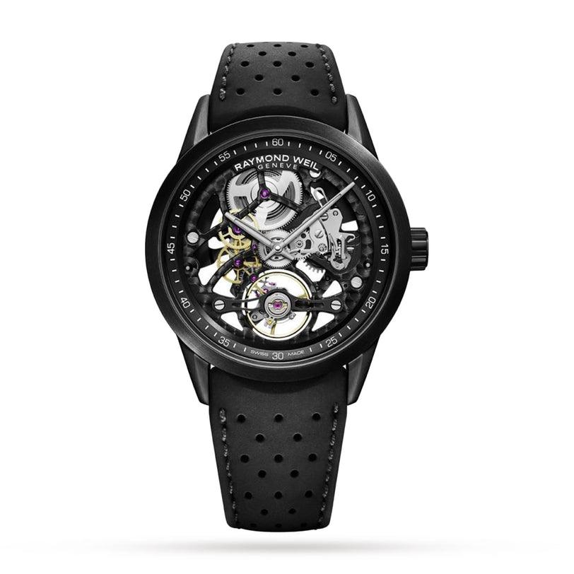 The Raymond Weil Freelancer Skeleton RW1212 features a black dial and perforated black leather strap, highlighting its visible mechanical workings against a white background.