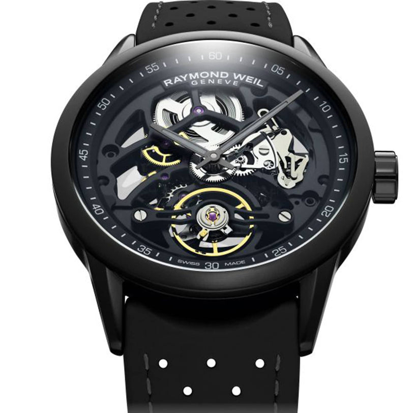 The Raymond Weil Freelancer Skeleton RW1212 Black Dial watch features a skeletonized dial showcasing inner gears, a black bezel, and a perforated black leather strap.