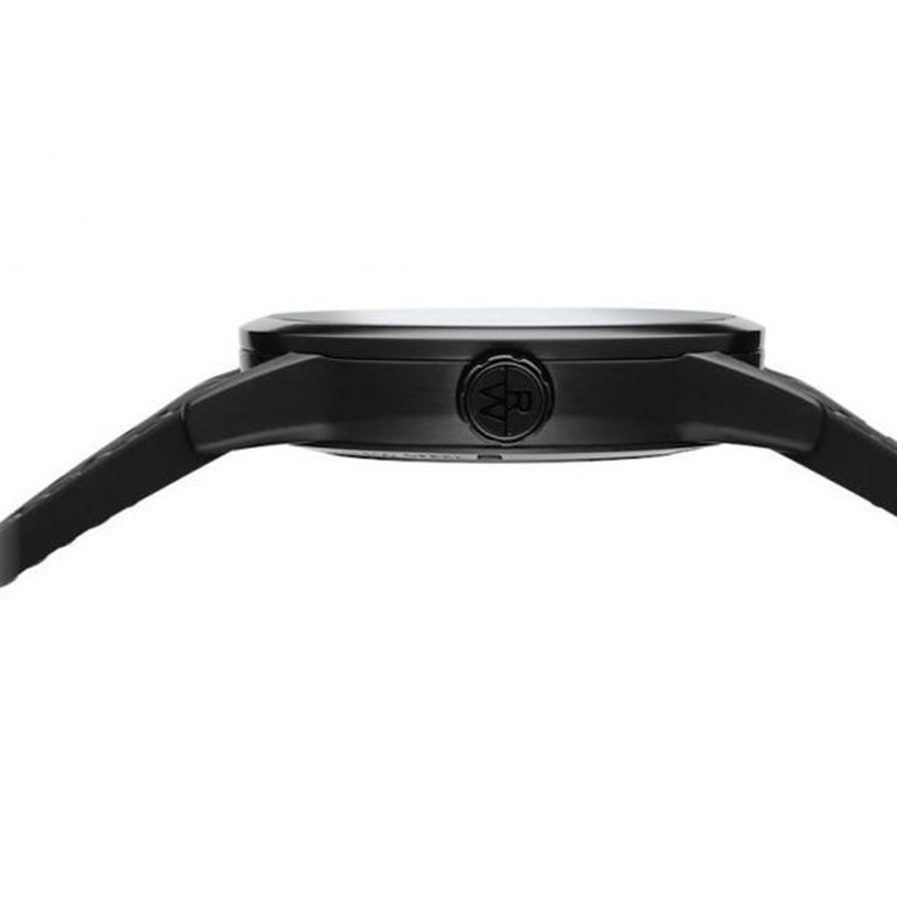 A side view of the Raymond Weil Freelancer Skeleton RW1212 Black Dial watch highlighting its thin profile, round case, prominent crown, and two extending straps.