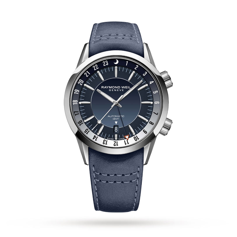 The Raymond Weil Freelancer GMT Blue Dial wristwatch features a blue dial, date display, blue leather strap, Swiss craftsmanship, 24-hour time bezel, and two crowns.