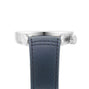 Side view of the Raymond Weil Freelancer GMT Blue Dial wristwatch featuring a blue leather strap, stainless steel case, and visible crown on the right, exemplifying Swiss quality craftsmanship.