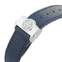 Close-up of the Freelancer GMT Blue Dials blue leather strap with matching stitching and a silver clasp engraved with RW—a mark of Raymond Weil’s renowned Swiss craftsmanship.