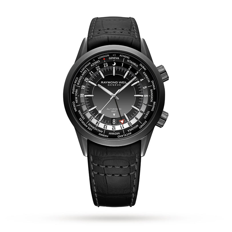 Raymond Weil Freelancer GMT Worldtimer Black Dial watch with black leather strap, stainless steel case, city names on the black dials edge, and silver hands and markers, shown on a white background.