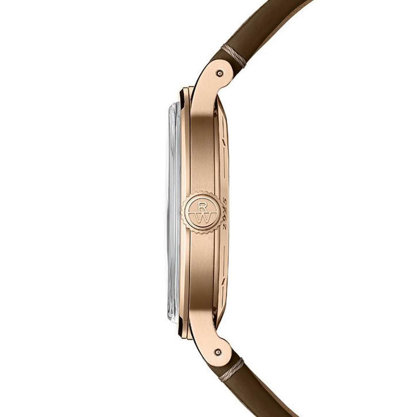Side view of the Raymond Weil Millesime Automatic Silver Sector Dial with a bronze-tone case, brown leather strap, and a round crown engraved with RW—a refined tribute to Swiss luxury watchmaking.