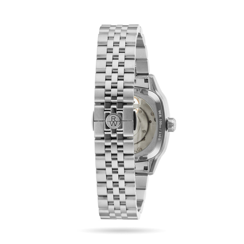 The Raymond Weil Freelancer Calibre RW1212 Automatic Blue Dial is shown from the back, highlighting its robust stainless steel case, metal bracelet, and transparent case back that reveals the mechanical movement.