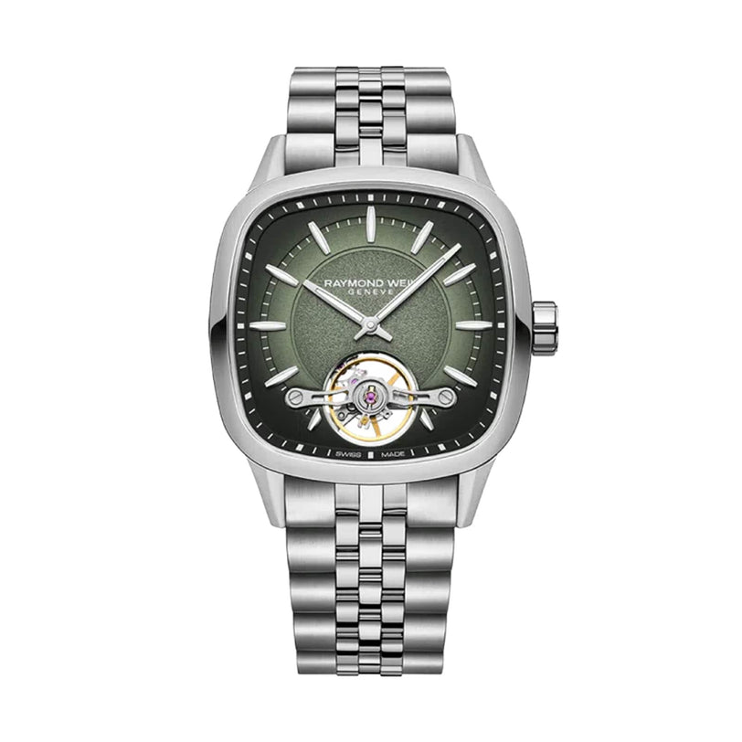 The Raymond Weil Freelancer Calibre RW1212 Automatic watch features a green dial with silver hour markers, a visible balance wheel, and a silver metal link band, displayed against a white background.