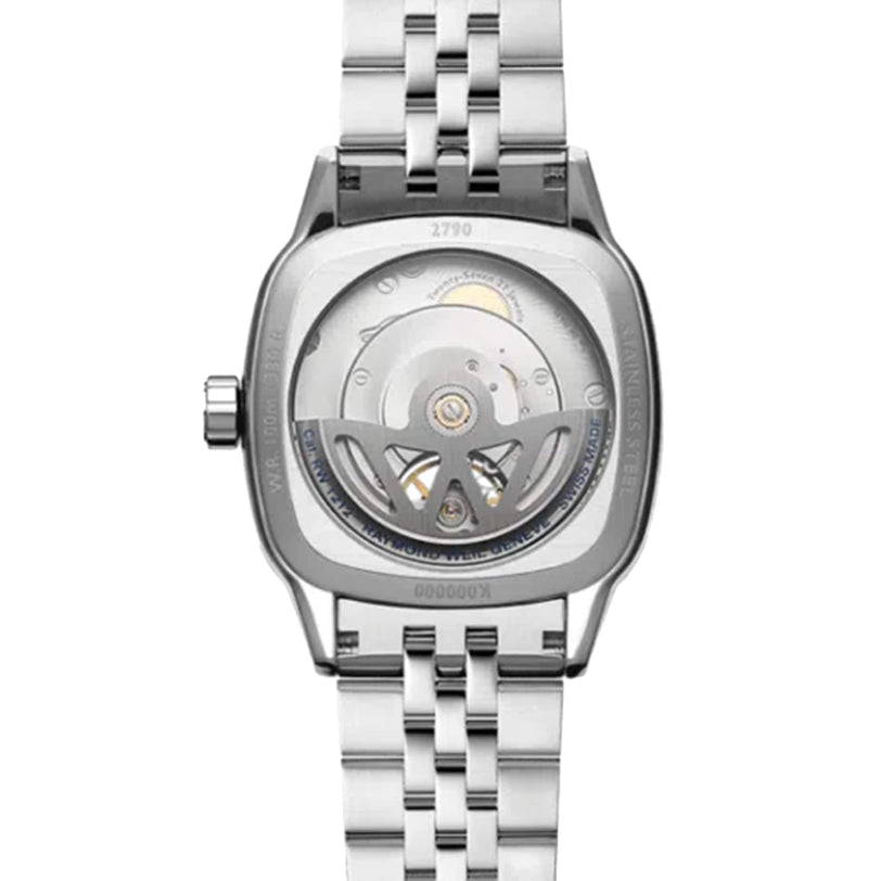 The Raymond Weil Freelancer Calibre RW1212 Automatic Green Dial features a cushion-shaped stainless steel case, shown from the back to reveal its automatic movement through a transparent case back.