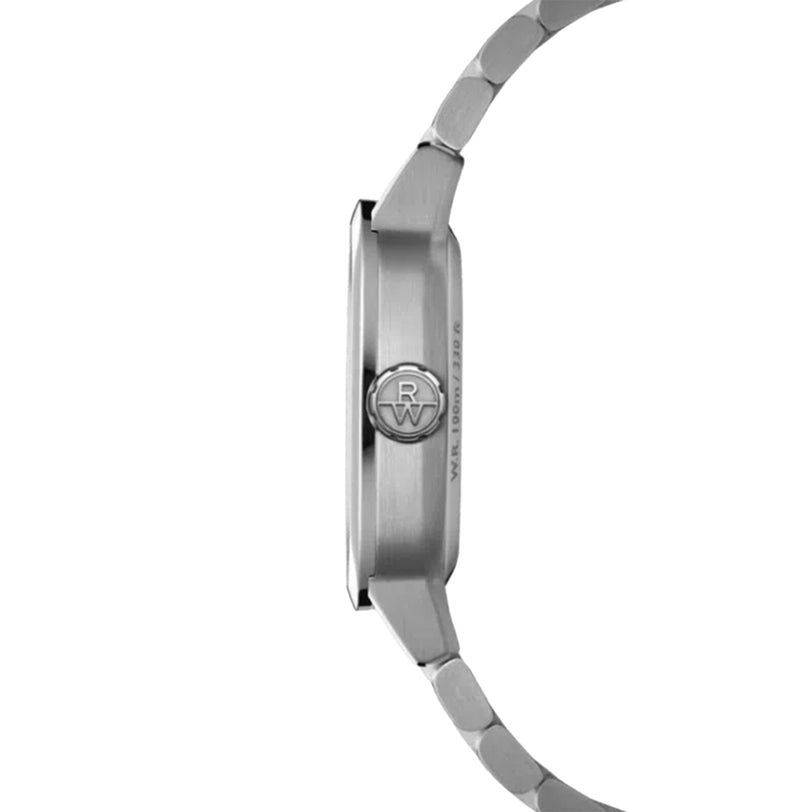 Side view of the Raymond Weil Freelancer Calibre RW1212 Automatic Green Dial, showcasing its stainless steel metal band, slim cushion-shaped case profile, and RW-engraved crown.