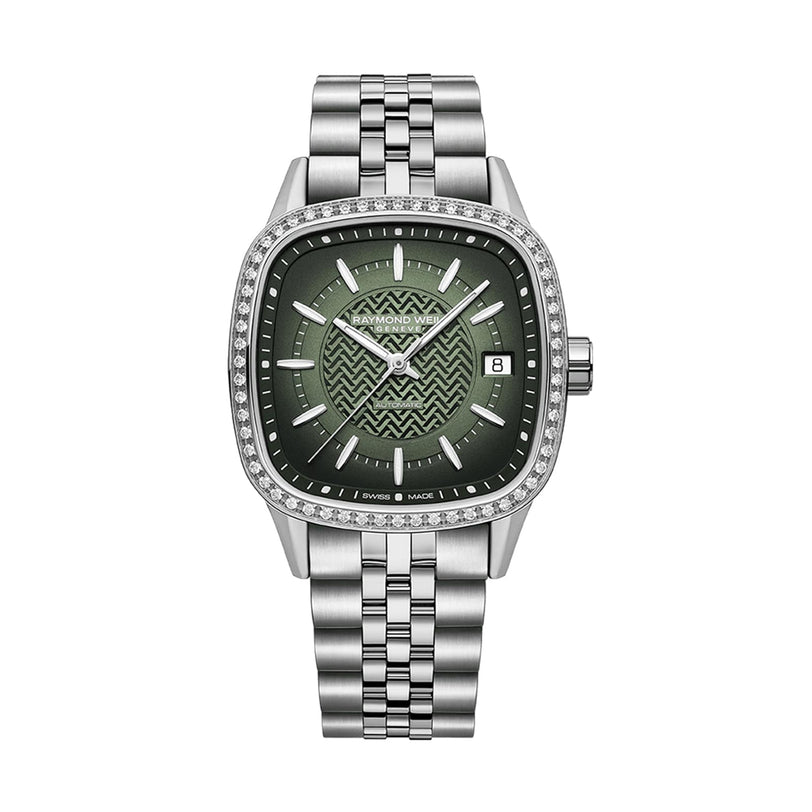 The Raymond Weil Freelancer Automatic 60 Diamonds Green Dial is a silver wristwatch with a green patterned dial, diamond bezel, date window, Swiss movement, silver hour markers, metal link band, and cushion-shaped design.