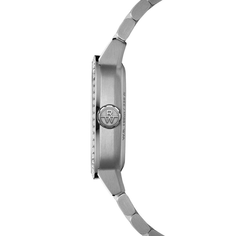 Side view of the Raymond Weil Freelancer Automatic 60 Diamonds Green Dial, showcasing its silver metal band, “RW” logo crown, engraved serial number, cushion-shaped case, and Swiss-made automatic movement.