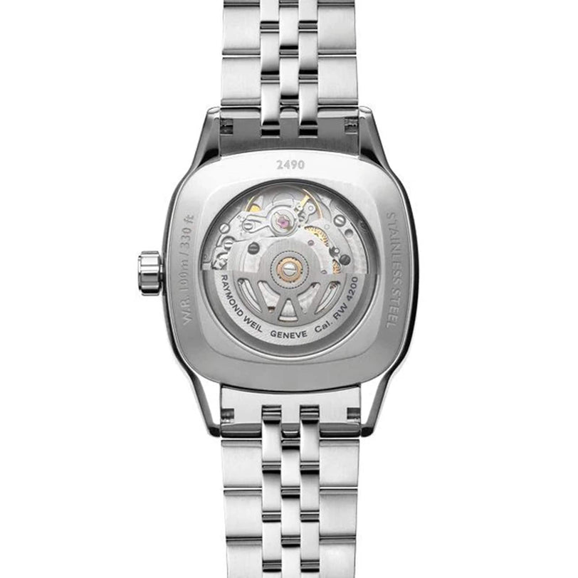 The back of the Raymond Weil Freelancer Automatic 60 Diamonds Green Dial reveals its Swiss-made movement through a transparent case back, highlighting its cushion-shaped design.