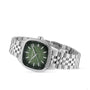 The Raymond Weil Freelancer Automatic 60 Diamonds Green Dial features a cushion-shaped green dial, Swiss-made movement, silver hour markers, date display, metal link band, and a bezel set with 60 sparkling diamonds.