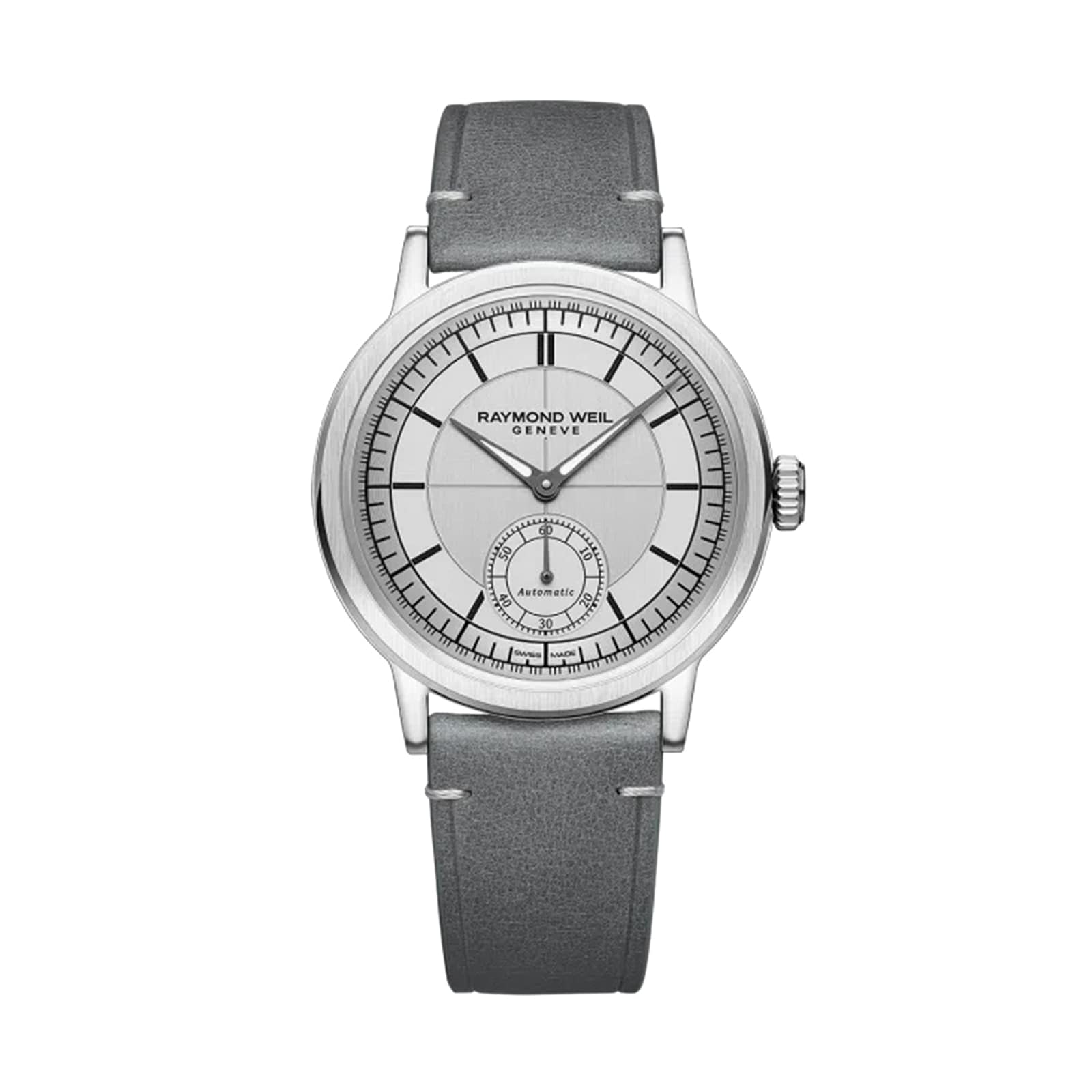 The Raymond Weil Millesime Automatic Small Seconds Silver Sector Dial features a silver dial, black hour markers, small seconds subdial, and a grey leather strap—showcasing timeless horological elegance.