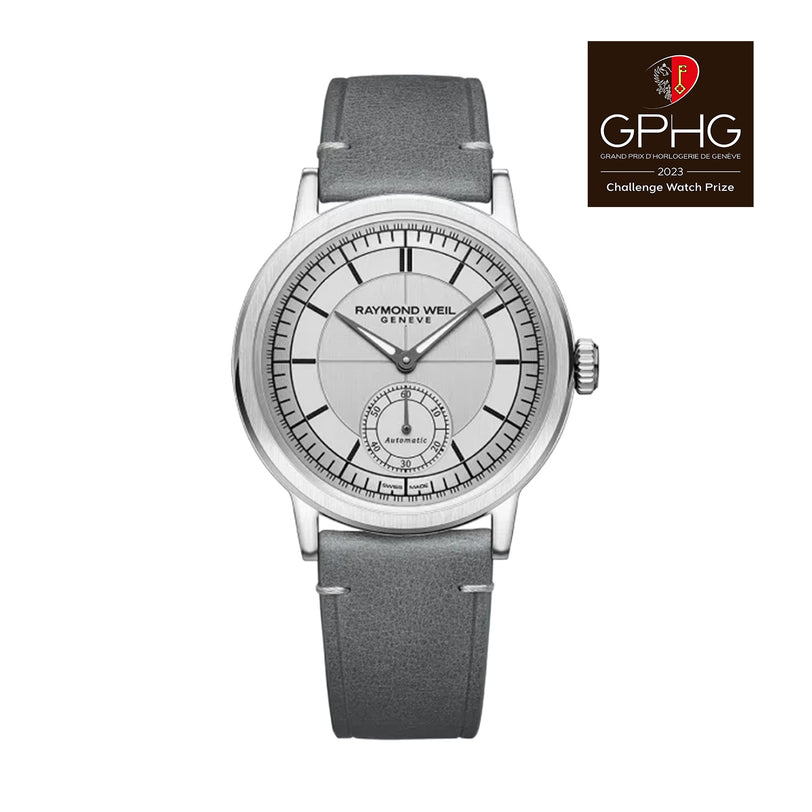 The Raymond Weil Millesime Automatic Small Seconds Silver Sector Dial is shown beside the GPHG 2023 Challenge Watch Prize logo—a tribute to fine horology.