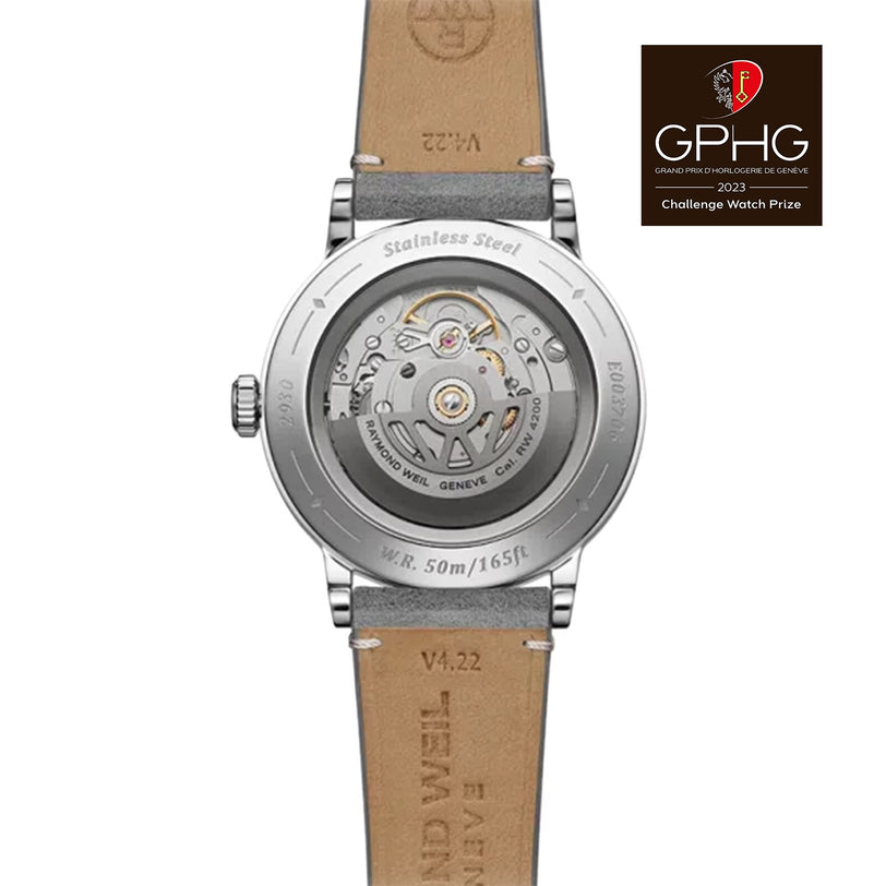 Back view of the Raymond Weil Millesime Automatic Small Seconds Silver Sector Dial, showcasing a transparent case back with visible movement, engravings, leather strap, and the GPHG 2023 Challenge Watch Prize logo—a true horological icon.