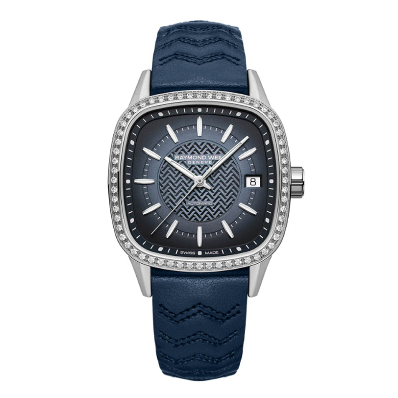 The Raymond Weil Freelancer Automatic 60 Diamonds Blue Dial features a blue patterned dial, diamond-set bezel, date display, blue leather strap, and Swiss-made movement.
