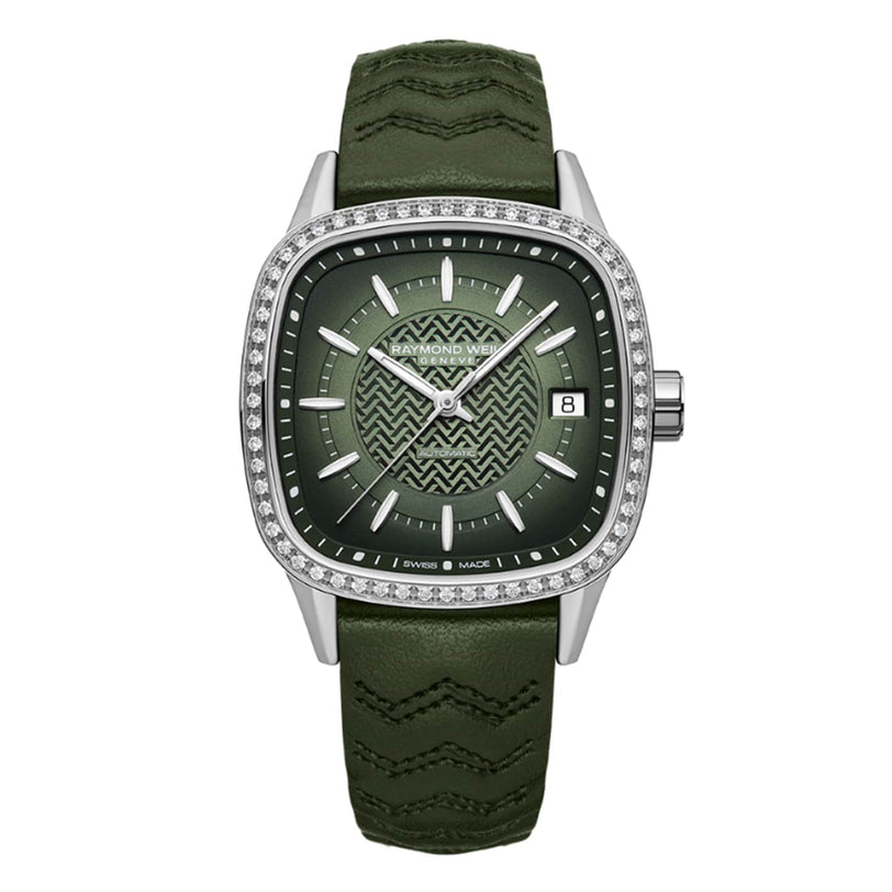 The Freelancer Automatic 60 Diamonds Green Dial by Raymond Weil features a patterned green dial, diamond bezel, silver square case, Swiss-made automatic movement, date display, and textured green leather strap.