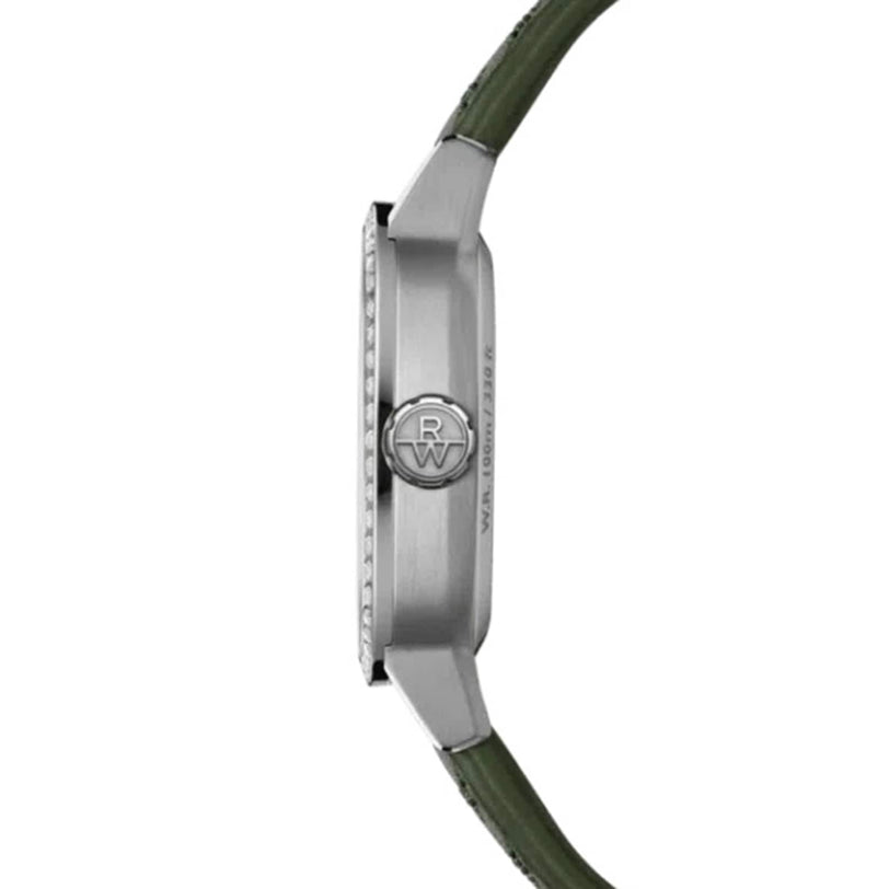 Side view of the Freelancer Automatic 60 Diamonds Green Dial by Raymond Weil
