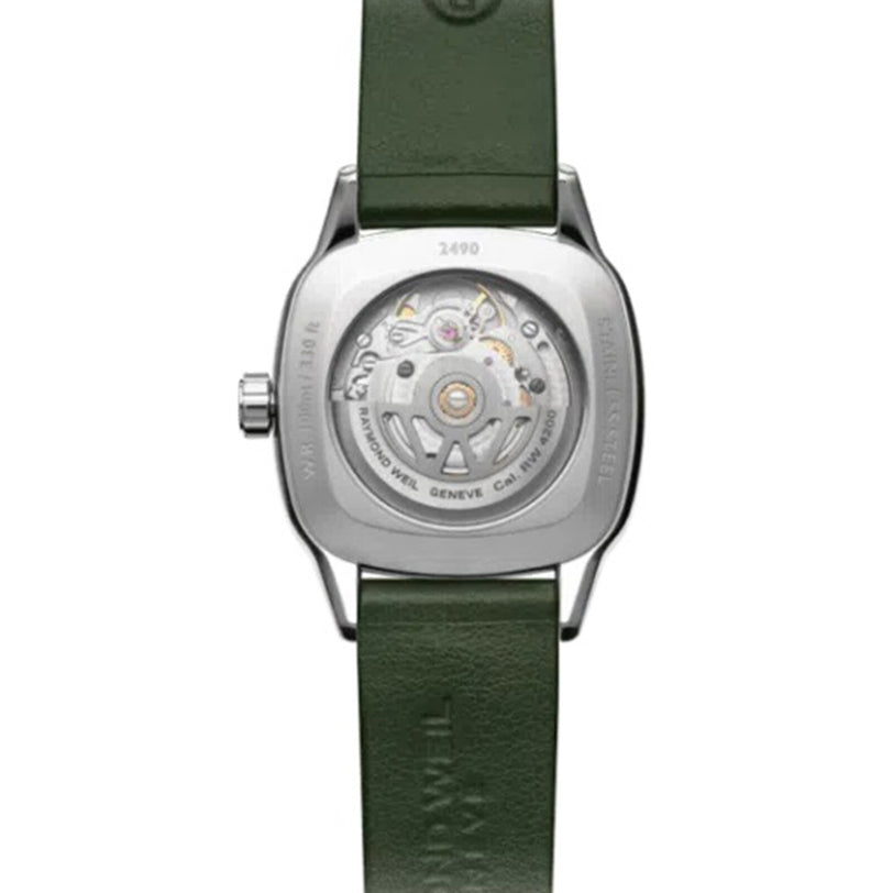 The Raymond Weil Freelancer Automatic 60 Diamonds Green Dial features a square silver case, transparent back showcasing its Swiss-made movement, and a green leather strap.