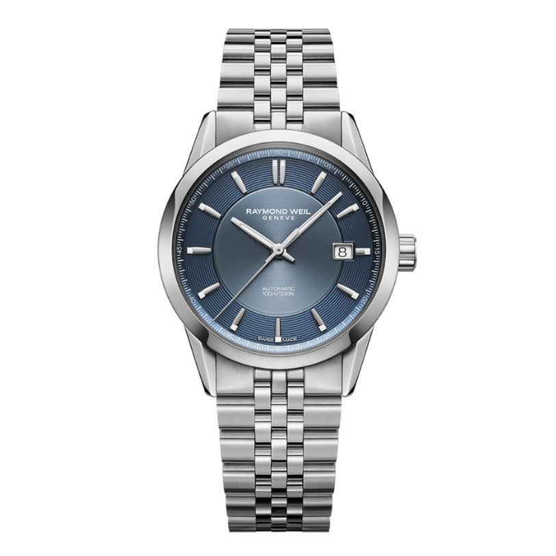 The Raymond Weil Freelancer Automatic Blue Dial wristwatch features a sunray blue dial, silver hour markers, date display at 3 o’clock, and a sleek metal link bracelet.