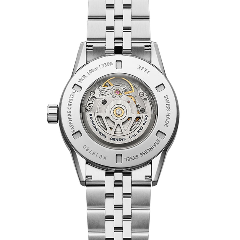 Rear view of the Raymond Weil Freelancer Automatic Blue Dial watch, displaying its Swiss-made automatic movement through a transparent case back.