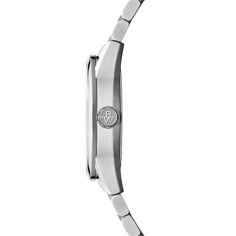 Side view of the Raymond Weil Freelancer Automatic Blue Dial, a stainless steel wristwatch with a brushed finish, Swiss-made automatic movement, engraved “RW” crown, and linked bracelet.
