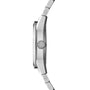 Side view of the Raymond Weil Freelancer Automatic Blue Dial, a stainless steel wristwatch with a brushed finish, Swiss-made automatic movement, engraved “RW” crown, and linked bracelet.