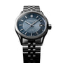 The Raymond Weil Freelancer Automatic Blue Dial watch features a sunray blue dial, date display, silver hour markers, metal link bracelet, and is powered by a Swiss automatic movement.