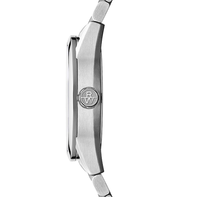 Side view of the Raymond Weil Freelancer Automatic Olive Green Dial watch, Swiss-made in stainless steel, showing the crown engraved with RW.