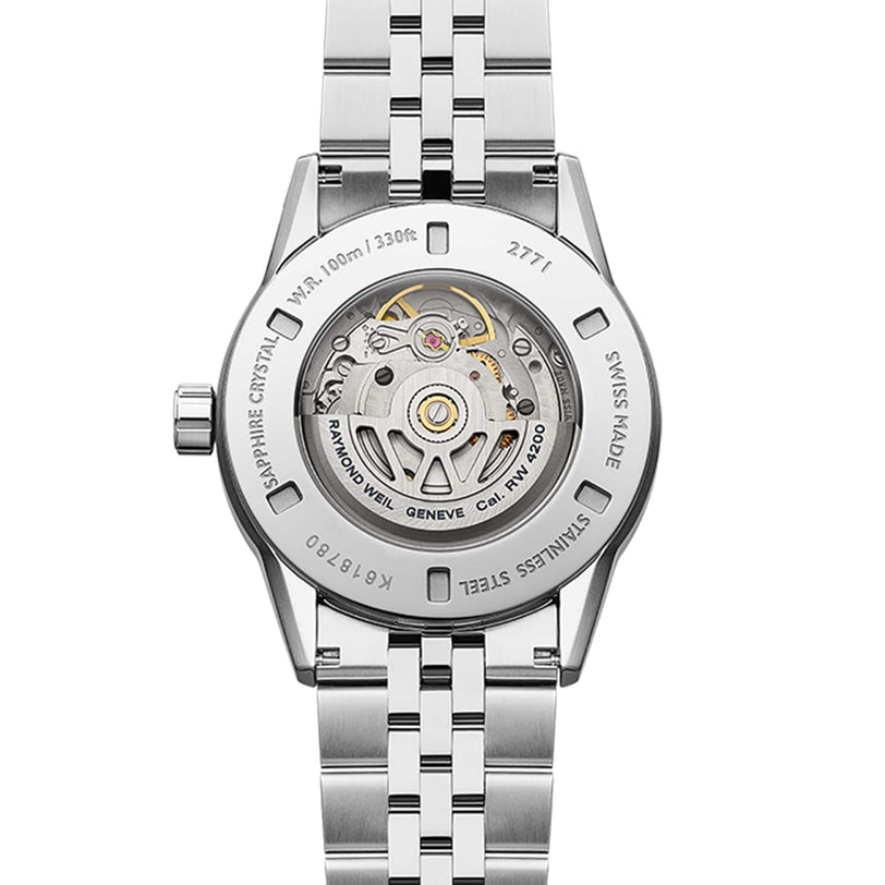 The image shows the back of the Raymond Weil Freelancer Automatic Olive Green Dial, featuring a stainless steel case with a see-through case back that reveals its automatic movement and engraved specifications.