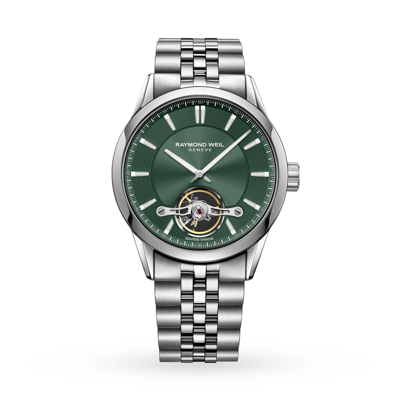 The Raymond Weil Freelancer Automatic Green Dial is a stainless steel wristwatch featuring a green dial, silver hour markers, and an exposed tourbillon at 6 o’clock on a metal link bracelet—a true testament to fine mechanical watchmaking.