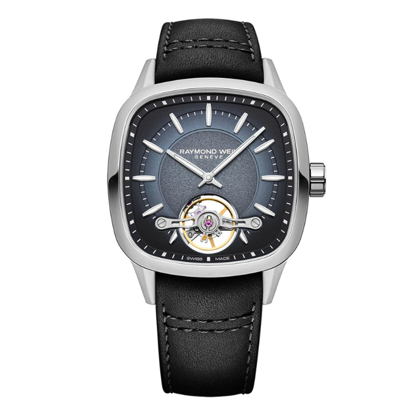 The Raymond Weil Freelancer Calibre RW1212 Automatic Blue Dial features a cushion-shaped silver case, black leather strap, gradient blue dial with silver markers, and an exposed balance wheel at 6 o’clock.
