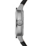 Side view of Raymond Weil Freelancer Calibre RW1212 Automatic with a cushion-shaped silver case, black leather strap, embossed crown logo, blue dial, and 1000 ft/300 m water resistance.